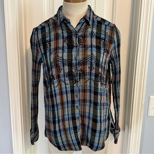 Free People XS Magical Plaid Blue Button Down Top ~ Western Boho Embroidered